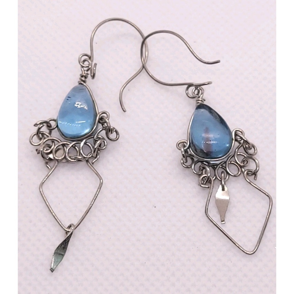 Vintage Style Silver Tone Blue Glass Teardrop Chandelier Dangle Earrings